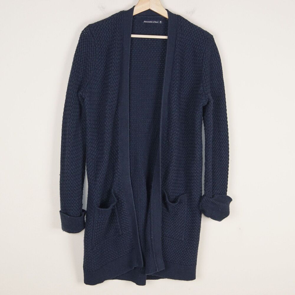Abercrombie & Fitch Basketweave Knit Blue Open Front Cotton Blend Cardigan Sz M